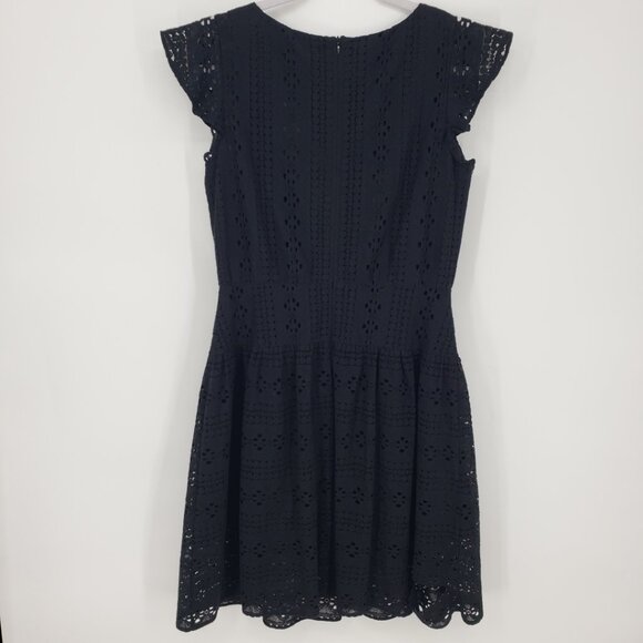 3/$25 LOFT Eyelet Lace Mini Dress 4 Fit and Flare Floune Ruffle Cotton Black - Picture 2 of 10